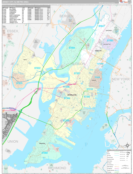 Jersey City Metro Area Zip Code Wall Map